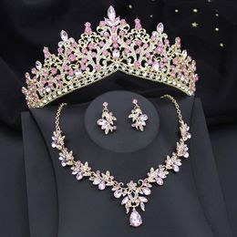 Wedding Jewellery Sets Gold Colours Pink Bridal for Women Crown Bride Tiaras and Necklace Earrings Set Flowers 231130