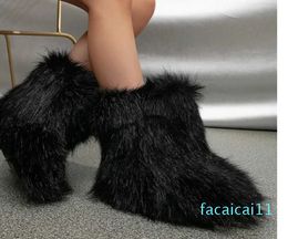 Kids Snow Boots Winter Warm Thick Soled Fake Fur Boots Girls Cute Furry Thick Rainbow Plush Shoes Children Mid Calf