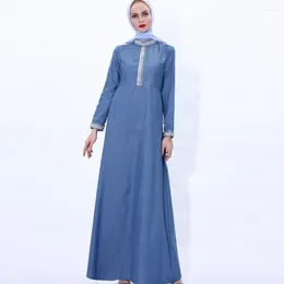 Ethnic Clothing 2023 Spring Professional Muslim Women's Dress Small Standing Collar Robe Temperament Denim Long Female Abaya Dubai