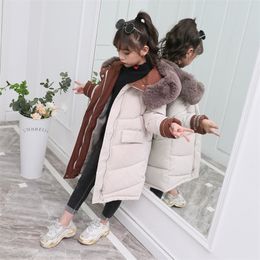 다운 코트 어린이 겨울 다운 코튼 재킷 패션 소녀 의류 어린이 옷 두꺼운 파카 모피 후드 스노우 슈트 외부웨어 코트 231129