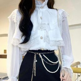 Women's Blouses Vintage French Women Shirts Lace Lolita Elegant Long Sleeve Flounce Blouse High Quality Office Lady Fashion Chic Female Tops