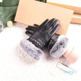 Luxury-autumn and winter warm women riding gloves genuine sheepskin leather fur cuff gloves Punk style