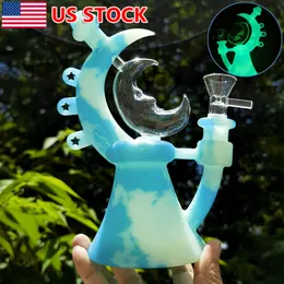 7.4 inch Silicone Smoking Hookah Glow in the Dark Moon Teapot Bong Water Pipe With Glass Bowl