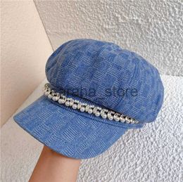 Ball Caps 202310-2508976 chic autumn fashion Denim Fabric plaid pearl dirll chain newsboy lady Octagonal hat women visors cap J231130