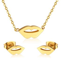 Necklace Earrings Set LUXUKISSKIDS Jewellery Stainless Steel Dubai Unique Lips Pendant Necklaces Stud Brinco For Lover Gift