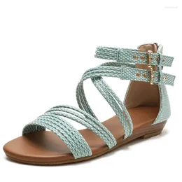 Sandals Summer Concise Flat Narrow Band Women Shoes Metal Buckle Strap Sandalias Peep Toe Zapatos Para Mujeres Back Zip Slippers