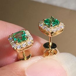 Charm Huitan Green CZ Stud Earrings for Women Gold Colour Luxury Bride Wedding Earrings Elegant Ear Accessories Party Jewellery 231129