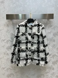 Winter Schwarz Weiß Quasten Gingham Tweed Brosche Jacke Frauen Oansatz Langarm Diamanten Taste Taschen Süße lose Mantel