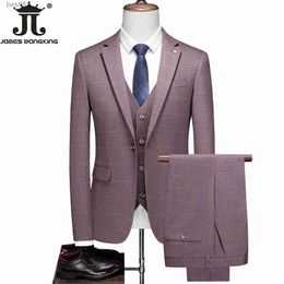 Men's Suits Blazers ( Blazer + Vest + Pants ) High-end Brand Men's Formal Business Checked Suit 3-piece Set Groom Wedding Dress Party Host SuitL231130