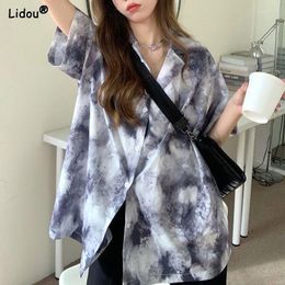 Women's Blouses Trendy Fashion Tie Dye Loose Button Printing Short Sleeve Turn-down Collar Women's Clothing Summer Thin Street Casual