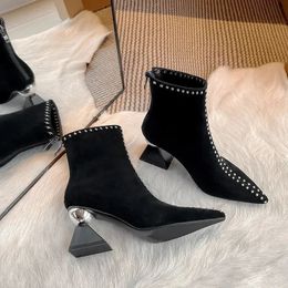 Boots 2023 Shallow Autumn Winter Women Ankle Punk Pointed Toes Unqie Heels Designer High Ladies Short Back Zip 231130