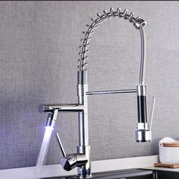 Kitchen Faucets LED Light Taps Dual Spout Faucet Single Handle Spring Pull Down Water For Handheld Sprayer