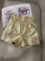 Women's Shorts Y2K Leather For Women Genuine Sheepskin Vintage High Waist 2023 Fashion Golden Shinny Short Pants Luxury