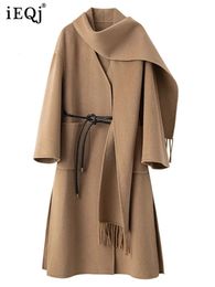 Women Blends IEQJ Solid Minimalist Scarf Collar Woolen Overcoat For Women Long Sleeve High Waist Belt Spliced Design Coats Female 3WQ8722 231130