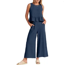 Women's Two Piece Pants Ladies Vest Top Straight Leg Casual Cotton Sleeveless Crop Pant With Pockets High Waist Loose Fit Vacation Outfit