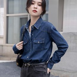 Women's Blouses 2023 Spring England Style Simple Fashion Blue Denim Shirt For Women All-match Z110
