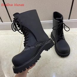 Boots 2023 Black Lace up Ankle Women s Arrival Cross Straps Platform Round Toe Leather Fashion Party Plus Size Shoes 231130