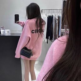 New design women's v-neck long sleeve loose palazzo back letter knitted sweater medium long jumpers