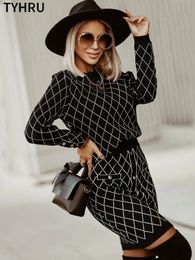 Two Piece Dress TYHRU Diamond Chequered Ski Gown Womens Knitted Track Oneck Pulled SweaterUltra Thin Button Set of 2 231129