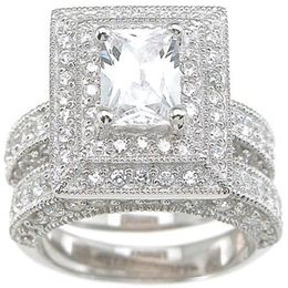 Professional Whole Vintage Jewelry Topaz Simulated Diamond 14KT White Gold Filled 3-in-1 Wedding Ring Set for christmas gift S274w