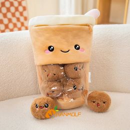 Plush Pillows Cushions 30x40cm Bubble Tea Plush Pillow Stuffed Squeaking Mini Animal Balls Pearls Pink Cat Bear Paws Snack Pudding Bag Food Plushie 231129