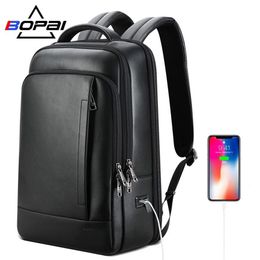 BOPAI Genuine Leather Backpack Laptop Mens Business Casual Waterproof Back Pack Male Computer Bagpack Black Backpacking 220210282L