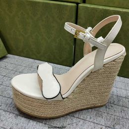 Beach ggs''gg Summer Designer sandal Wedge sandals Women Double platform espadrille Black G leather Salto alto Sexy Wedding Shoes With Box 35-42 NO291