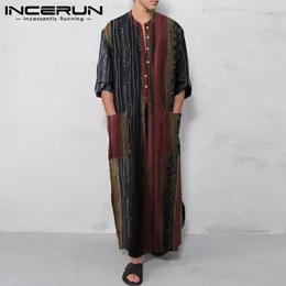 Ethnic Clothing INCERUN 2023 Muslim Style Jubba Thobe Mens Double Pocket Design Robe Casual Fashion Dark Plaid Stripe Long Kaftan S-5XL