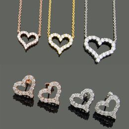 Designer Jewellery Women Diamond Heart Pendant Necklaces Rose gold Earrings Suits Never Fading Stainless Steel 3 Colours Silver Golde3002
