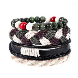 Charm Bracelets 4pcs/set Hippie Punk Black Leather Dark Green Beige Cord Knots Wood Beads Layers Stackable Wrap Wide Bracelet Bangles For