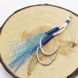 Fishing Hooks 10Pair Assist Hook Ring JigLure Jigging Fishjig Double Feather Pair Barbed Blue Jig Pesca Peche O6M3261J