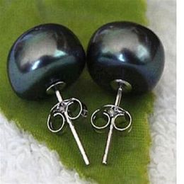 ry00595 Genuine Cultured Freshwater 10-11mm Black Pearl Stud Earrings Silver A0422254x