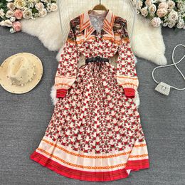 Casual Dresses 2023 Vintage Runway Women Turn Down Collar Shirt Dress Fashion Summer Flower Print Single Breasted Ladies Pleated Office Dress