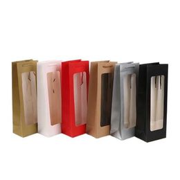 Visible Wine Bags Solid Paper Bags Clear Window White Paper Bag For Wine Flower Gift Packing Party Festival Gift Package 210724262h