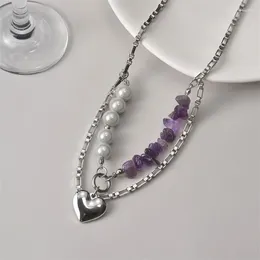 Pendant Necklaces Women Natural Stone Amethyst Crystal Beads Pearl Choker Heart Double Layer Jewellery