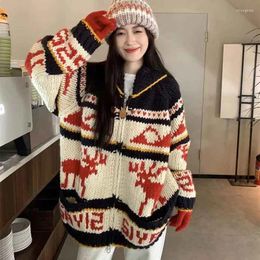 Women's Knits Christmas Chic Knit Sweater Cardigan Women Y2K Fashion Loose Long Sleeve Zipper Korean Color Matching Preppy Knitted Top