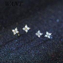 WANTME Real 925 Sterling Silver Minimalist White Zircon Four-leaf Clover Mini Small Stud Earrings for Women Teen Girl Jewellery 21052059