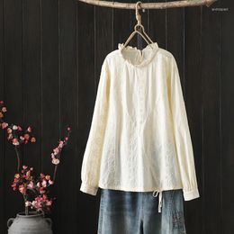 Women's Blouses 2023 Spring Shirred Stand Collar Women Shirts Casual All-Match Flower Jacquard Cotton Linen Tops And White Beige
