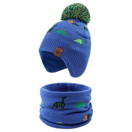 Scarves Wraps Winter Hat Scarf For Boys Colorful Dino Warm Set Toddler Baby Beanie With Pompom Girl Cute Neck Warm For 1-8 Years 231129