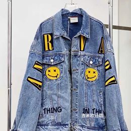 European Heavy Industry Embroidered Smiling Face Letter Medium Length Denim Jacket for Women Versatile Loose Fitting Slimming and Trendy on the Internet