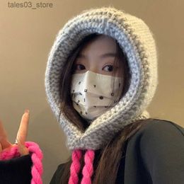 Beanie/Skull Caps Handmade Knitted Wool Korea Lace Up Hat Winter Thicken Neck Ear Protection Hooded Shawl Balaclava Hat Scarf Set Cap Accessories Q231130