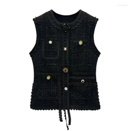 Women's Vests High Street Diamond Button Vest Coat Tweed Jacket Tops Elegant Women Waistcoat Lady Hem Slit Ribbon Casual Outwear Chaqueta