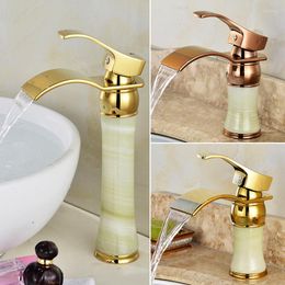 Bathroom Sink Faucets Rose Gold Luxury Single Hole Natural Jade Body Waterfall Basin Mixer Taps