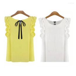 Women's Blouses Blouse Summer Fashion Lotus Leaf O-Neck Casual Shirt Ladies Bow Chiffon Tops White Yellow