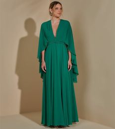 Vintage Long Green V-Neck Prom Dresses With Cape A-Line Chifon Pleated Custom Made Floor Length Party Dress Maxi Formal Evening Dresses With Sash for Women