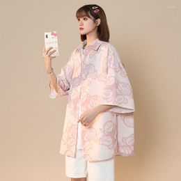 Women's Blouses EBAIHUI Women Cartoon Printed Shirts Turn Down Collar Summer Beach Pink Blouse 2023 Hawaii Oversize Fashion Couple Tops