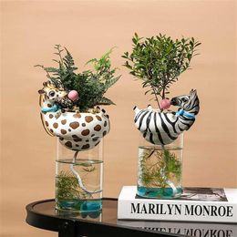 Resin Animal Head Vase with Fish Tank Bubble Natural Cactus Succulent Plants Flower Pots Decoration Zebra Giraffe Creative Craft 22288