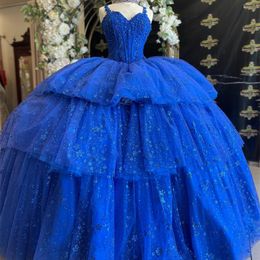 Luxury Blue Shiny Sweetheart Quinceanera Dresses Ball Gown Lace Crystal Beads Sweet 16 Dresses Party Gowns vestidos de 15