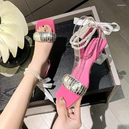 Dress Shoes 2023 Rhinestone Sandals Women's Mid Heel Open Toe Shiny Crystal Fashion Summer Gold Silver Party Sandalias