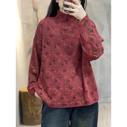 Women's Sweaters Autumn Winter Arts Style Women Long Sleeve Loose Casual Pullover Cotton Knitting Vintage Floral Mock Neck sweater P482 231127